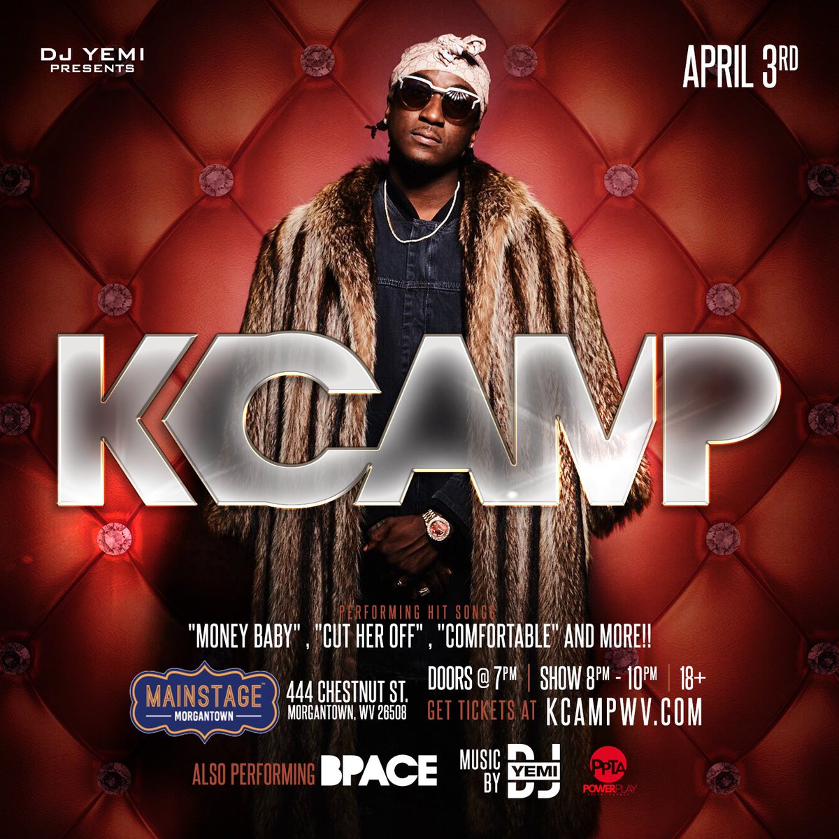 MainstageWV's tweet image. New Show!! ReTweet for a chance to win 4 free tickets to see @kcamp LIVE!! Get tickets NOW at MainstageWV.com 😎