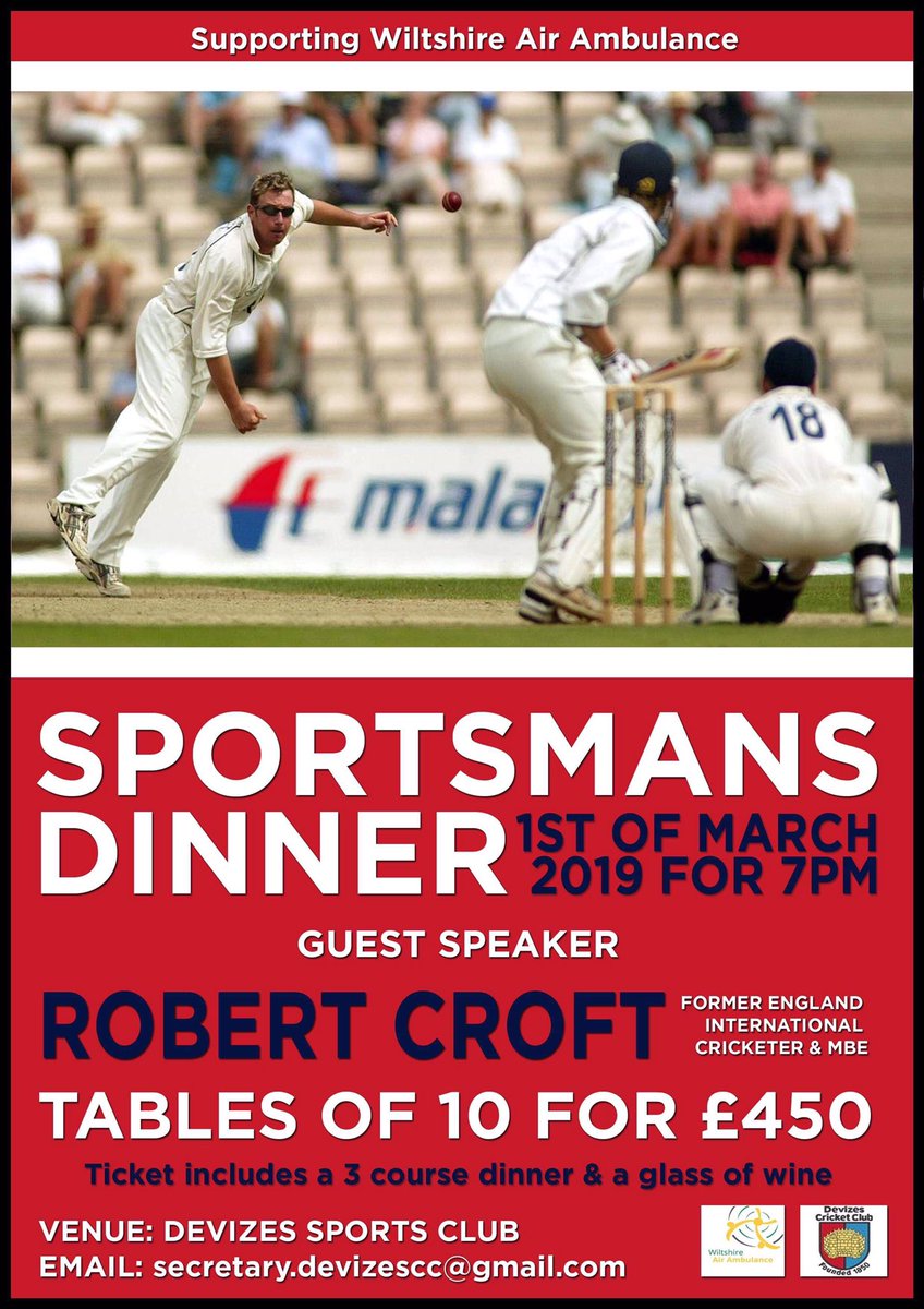benny67mac's tweet photo. Very excited to be hosting this event @DevizesCC in aid of @WiltsAirAmbu with ex-England cricketer @RDBCroft10 guest speaker and a charity auction. Get in touch if you’d like tickets only a few left! #airambulance #wiltshire #devizes #DCC #cricket #cricketdinner #fundraiser https://t.co/R2daAdWMwV