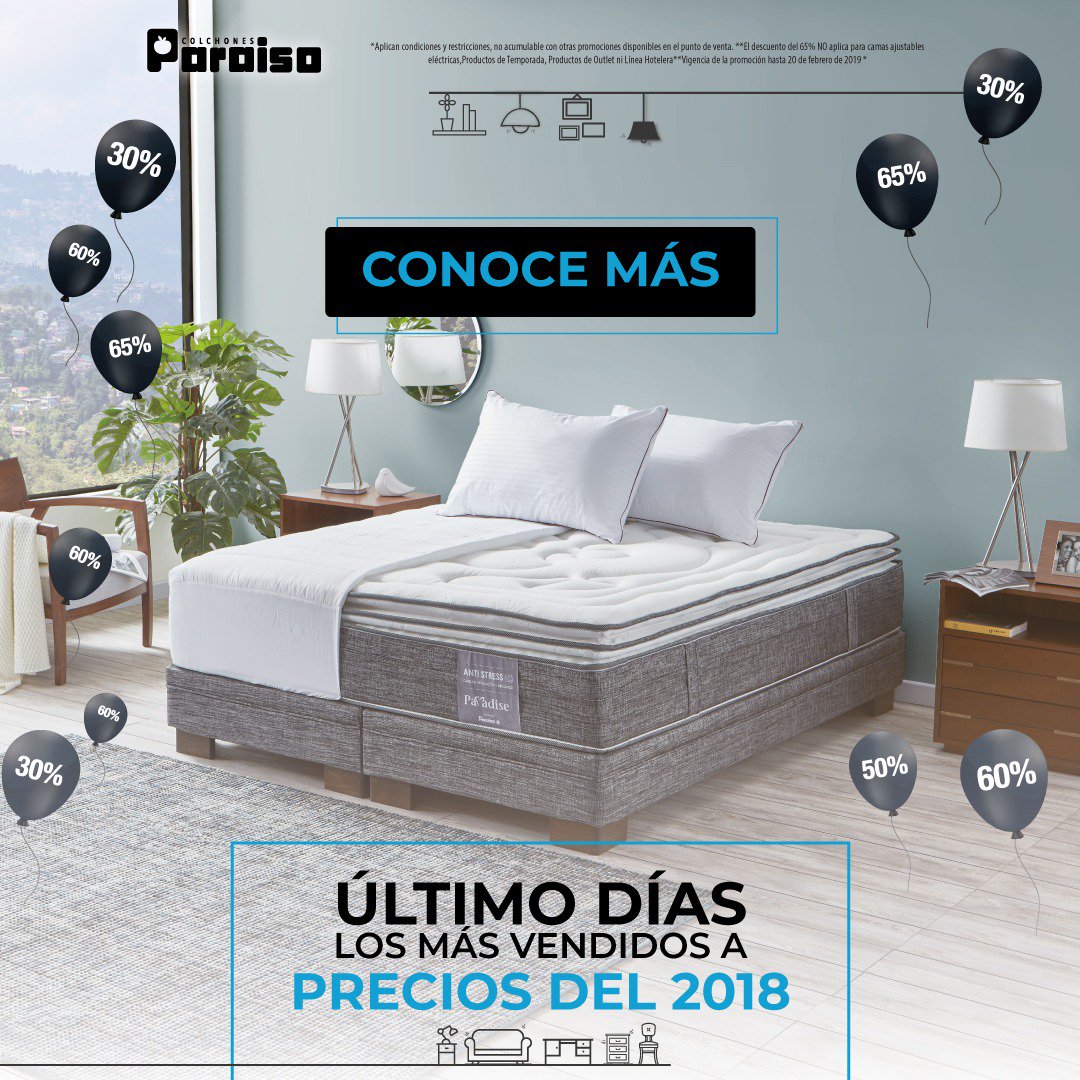 Diagnosticar Por nombre Escoba Colchones Paraíso on Twitter: "¡Últimos días! LOS MÁS VENDIDOS A PRECIOS DEL 2018 en Colchones Paraíso. Colchones, Combos, Muebles y Ropa de cama, ¡No dejes pasar esta gran oportunidad! Visítanos ➡ https://t.co/3lyiEESTkm Diagnosticar Por nombre Escoba Colchones Paraíso on Twitter: "¡Últimos días! LOS MÁS VENDIDOS A PRECIOS DEL 2018 en Colchones Paraíso. Colchones, Combos, Muebles y Ropa de cama, ¡No dejes pasar esta gran oportunidad! Visítanos ➡ https://t.co/3lyiEESTkm