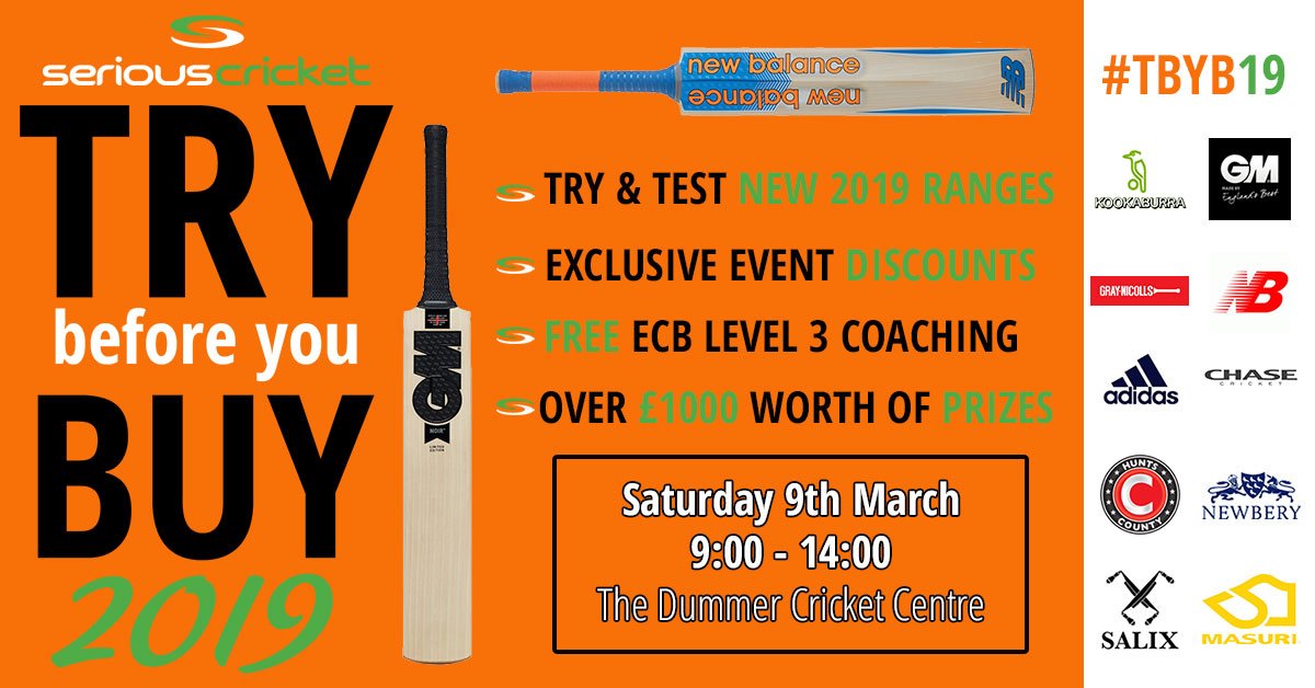 IT'S BACK!

Try Before You Buy 2019

Join us on the 9th March at the Dummer Cricket Centre and test out all the NEW 2019 equipment ranges in our net lanes with exclusive discounts on the day!

Find out more &amp; register now – seriouscricket.co.uk/about/news/try…
#TBYB19