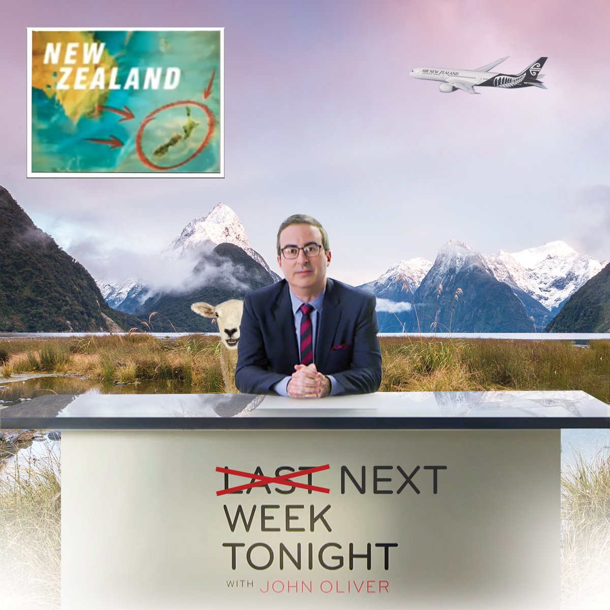 FlyAirNZ's tweet photo. @iamjohnoliver you’ve done a few segments on us now - thanks for putting NZ on the map. It’s time for you to go full New Zealand for real, and host it here, 18 hours into the future… Your tickets are ready, the sheep are waiting… all we need is you @LastWeekTonight 😉✈️ https://t.co/SDNGCeTLmM