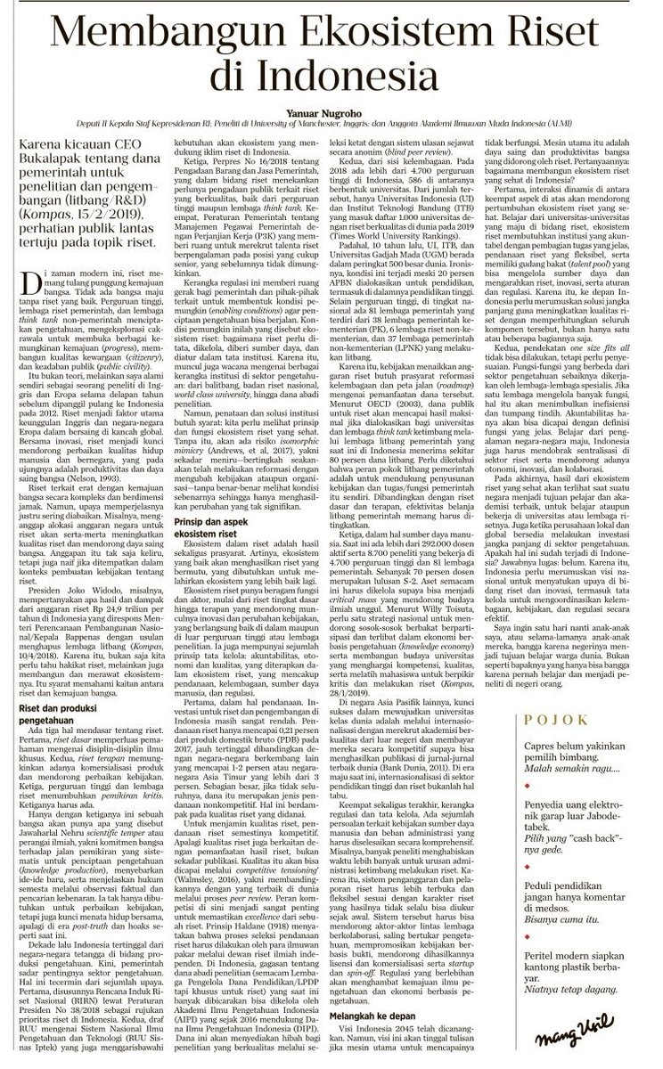 yanuarnugroho's tweet photo. kata 'riset', 'litbang' da 'R&amp;D' mendadak menyeruak di ruang publik. apa itu riset? bagaimana membangun ekosistemnya di res publica ini? secuil pemikiran dimuat di @hariankompas h. 6 hari ini. semoga berguna! | @icipg @ALMI_Indonesia @KSPgoid @MIOIR my piece on res ecosyst in IDN https://t.co/Etgt9yh28a