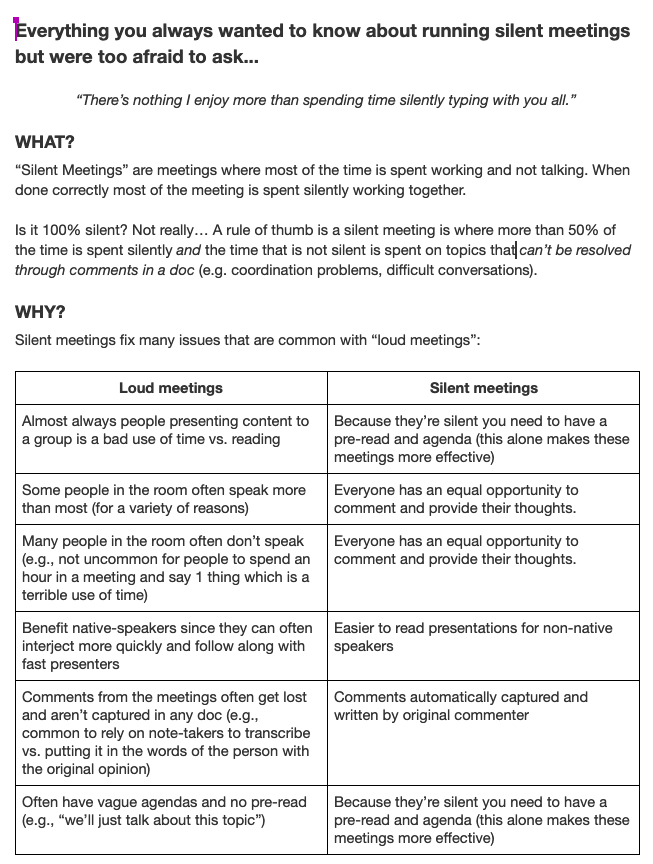 gasca's tweet photo. Here is: "Everything you always wanted to know about running silent meetings but were too afraid to ask" (a doc-in-a-tweet)

(anything I'm missing?) https://t.co/HWj16oCiZb