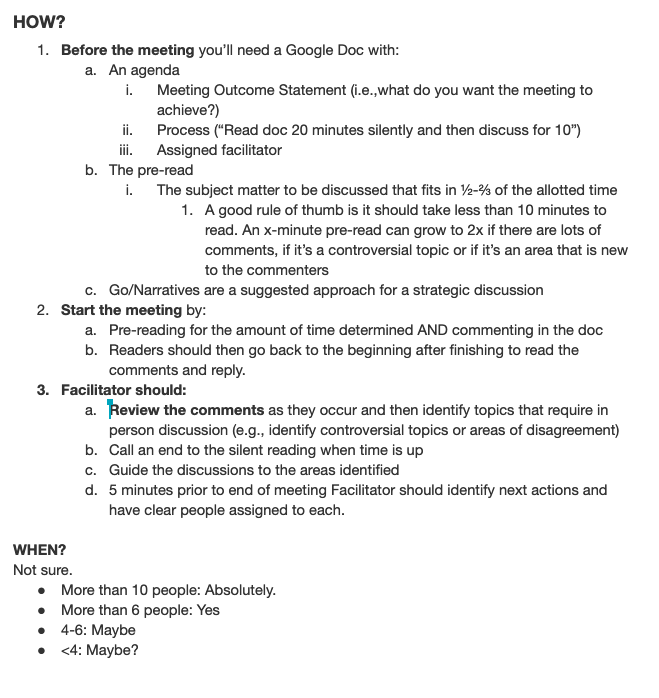 gasca's tweet photo. Here is: "Everything you always wanted to know about running silent meetings but were too afraid to ask" (a doc-in-a-tweet)

(anything I'm missing?) https://t.co/HWj16oCiZb