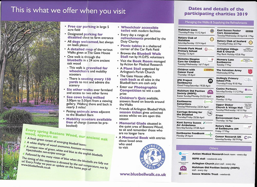 Be part of the fantastic Arlington Bluebell Walk 2019 in aid of Air  Ambulance Kent, Surey and Sussex. Lions Clubs are running the walk on both the 27th and 28th April to raise funds for this lifesaving charity. Here is the new event information leaflet. #CharityWalk