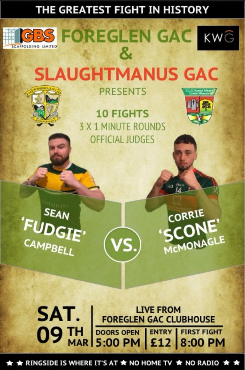 ForeglenGAA's tweet photo. 🥊 FIGHT NIGHT ANNOUNCEMENT 🥊

We are happy to announce our fifth set of fighters for the upcoming Fight Night!!!

🌟 Introducing Sean 'Fudgie' Campbell who will be taking on Corrie 'Scone' McMonagle!!!

🌟 Gymhead vs Crossfit???
🌟 Bulking vs Shredding???
🌟 Fudgie vs Scone??? https://t.co/LUpwWyZmtr