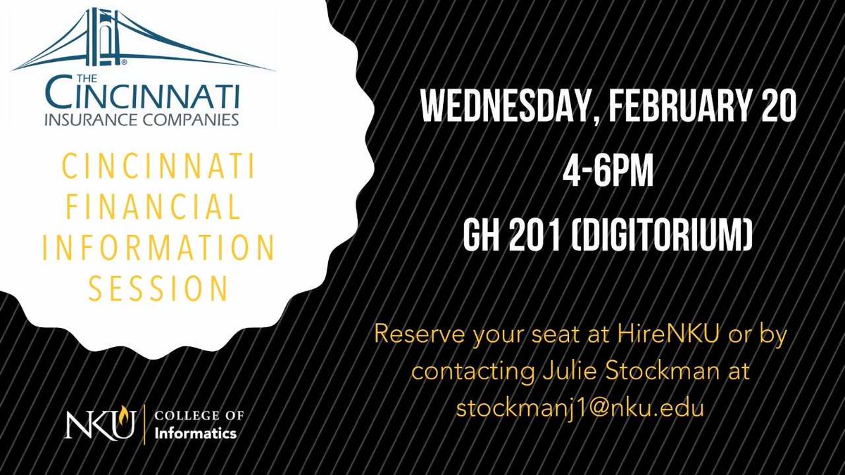 Join us for this informational session with The Cincinnati Insurance Company tomorrow, February 20th. Email Julie at stockmanj1@nku.edu to reserve a seat. 
#informatics #finances #financial #information