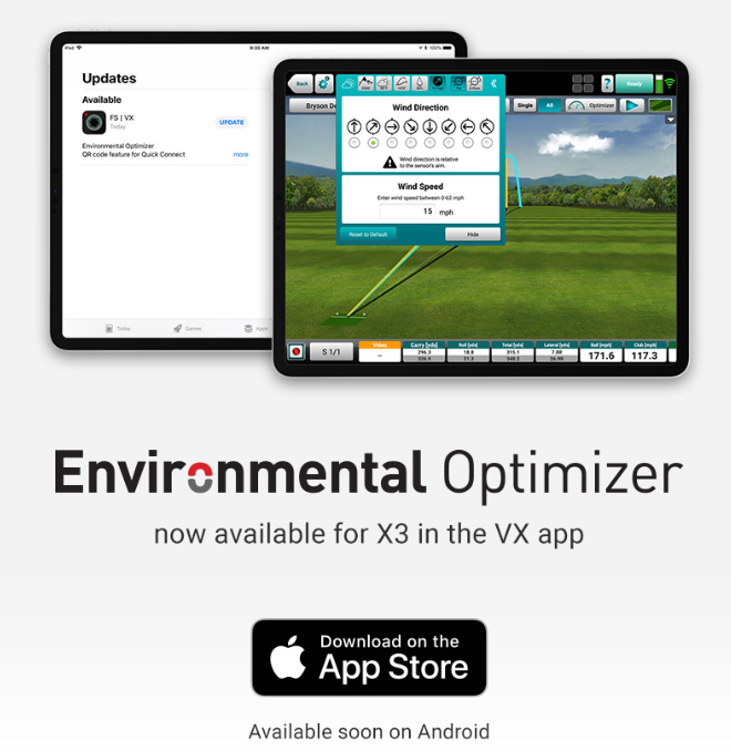 FlightScopeGolf's tweet photo. Environmental Optimizer is available NOW with the VX App on iOS! Download or update your app in the Apple store below (coming soon for Android) ⛅️💨💦 #FSEO #FlightScopeNumbers
https://t.co/L2ECJj64zr https://t.co/E8QKrQ4660