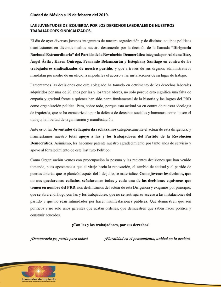 #JuventudesDeIzquierda
POR LOS DERECHOS LABORALES DE NUESTROS TRABAJADORES SINDICALIZADOS
<a href="/PRDMexico/">PRD</a>