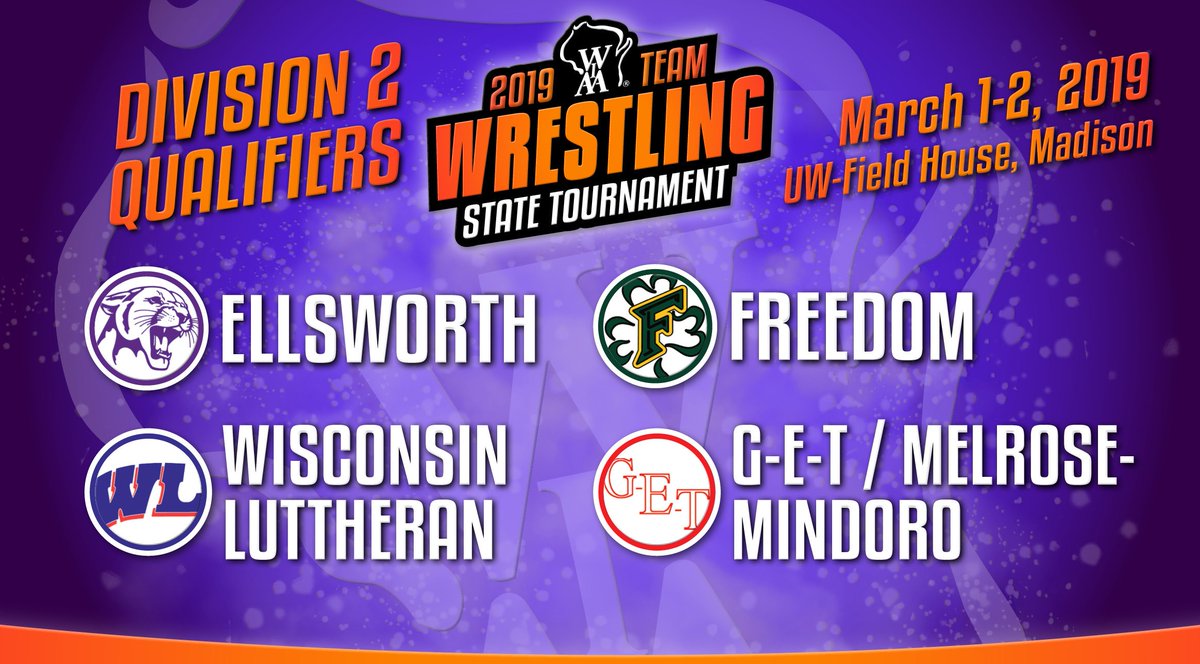 wiaawi's tweet image. Congratulations to the Division 2 Team Wrestling State Qualifiers! These four teams, including last year's runner-up Ellsworth, will compete on Saturday, March 2 at the UW-Field House for the State Title! #wiaawr