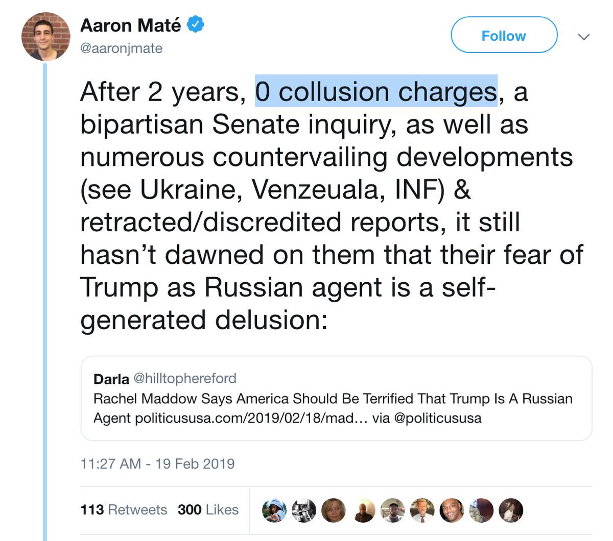 Fun fact: there is no criminal offense with the name "collusion" in the United States. Using "no collusion charges" to "prove" that Trump is not a Russian agent of influence is about as meaningful as using the absence of observable dragons to show the nonexistence of reptiles.