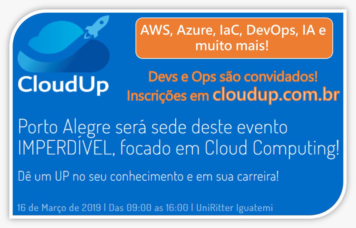 Se liga que o Call4papers do CloudUp termina no dia 1° de Março! Não perca a oportunidade de compartilhar seu conhecimento em #cloud #aws #Azure #GCP #DevOps... Submeta sua palestra aqui bit.ly/2GdLbaP