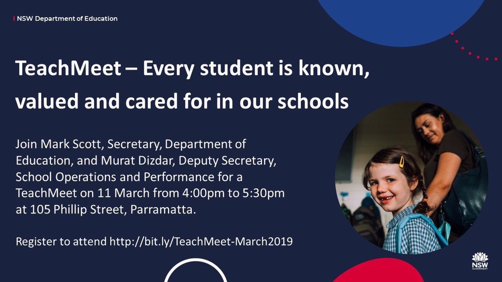 Please join <a href="/mscott/">Mark Scott</a> &amp; me for a TeachMeet on 11 March at our Parramatta office. The theme is ‘Every student is known, valued &amp; cared for in our schools’. See great presentations by <a href="/BecWest81/">Bec West</a> <a href="/mrdanielyong/">Daniel Yong</a> <a href="/renuks83/">Renuka Senthevadivel</a> <a href="/pmac1610/">Paul</a> &amp; much more. Register to attend eventbrite.com.au/e/teachmeet-ev…