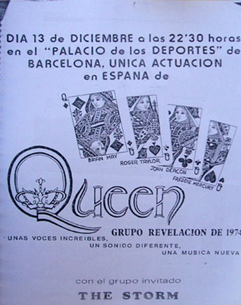 Progstureo's tweet photo. Cartel del concierto de Queen en Barcelona del 13 de diciembre de 1974, con la banda de rock progresivo sevillana The Storm como teloneros. https://t.co/7W9ni9SU7F