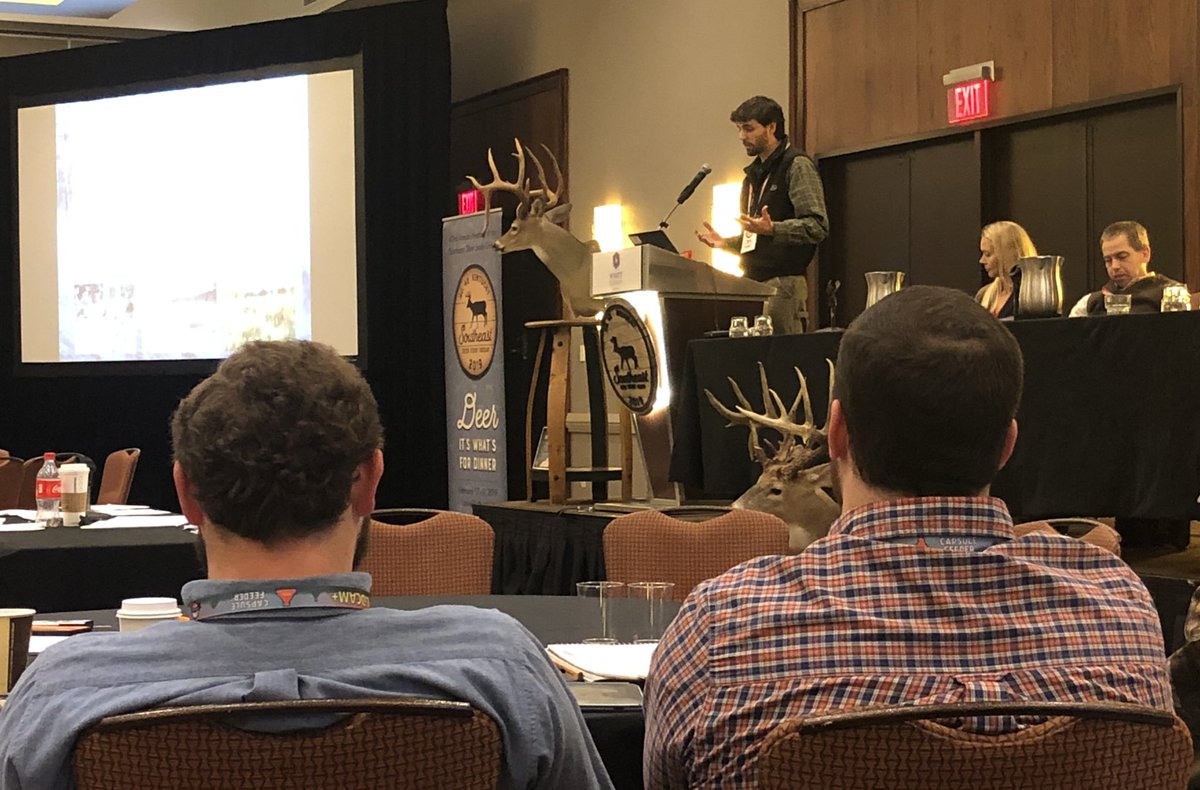 LindsayThomasJr's tweet photo. He’s gainfully employed now, so @pruitthunter couldn’t present his @UGAWarnell Master’s research into QDM Cooperatives at #SEDSG, so his professor @mark_wildlife1 is filling in. Hunter documented a number of conservation benefits of Co-ops extending beyond their boundaries. https://t.co/SFkmEwdahj