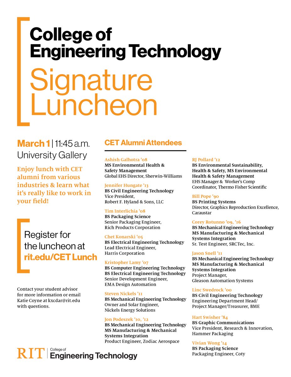 ritGMST's tweet photo. Enjoy lunch with CET alumni from various industries and learn what its like to work in your field at the CET Signature Luncheon on March 1st, 2019! SMS Alumni Hart Swisher and Bill Pope will be there! #ritSMS #ritEngTech https://t.co/uDy8Zoy0no