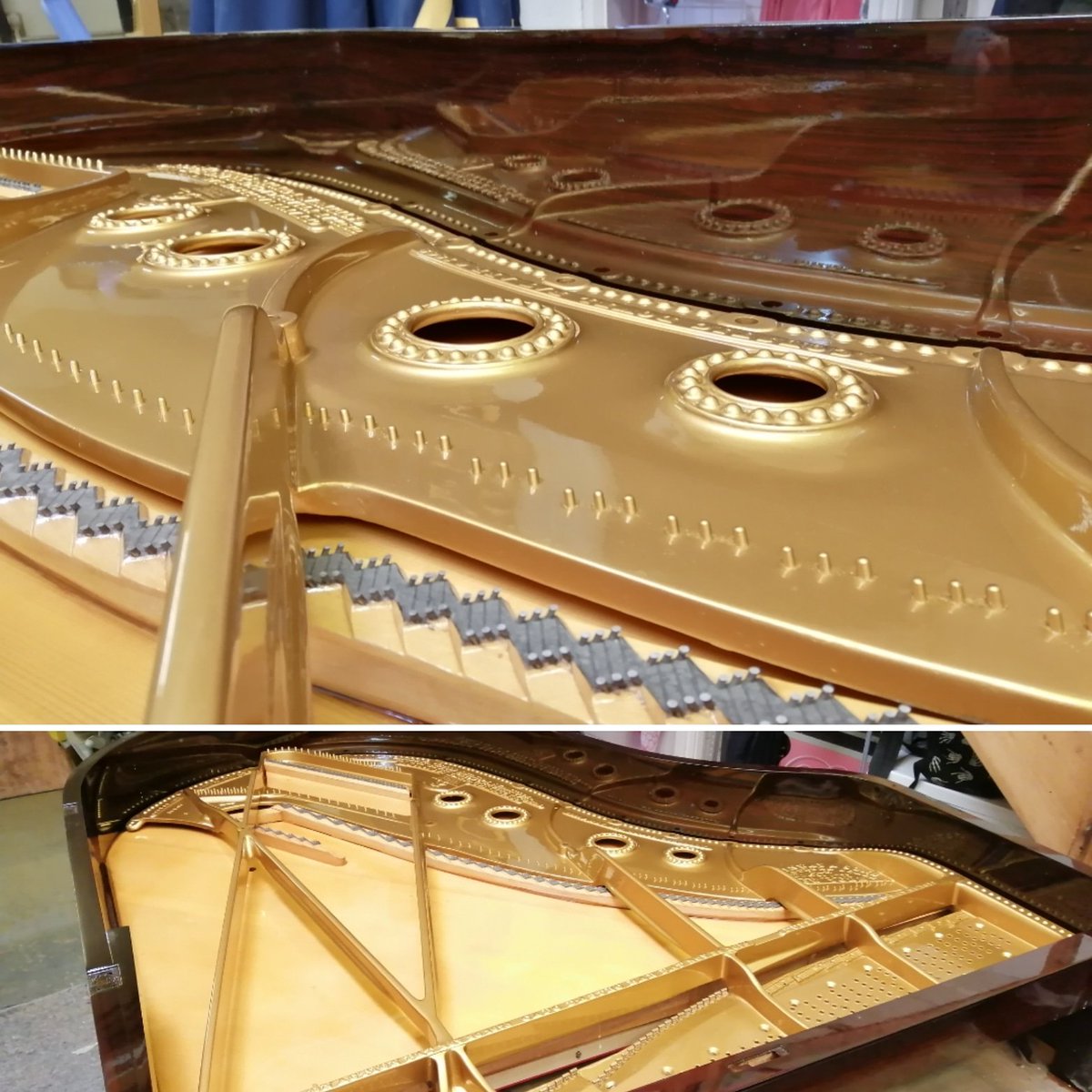 piano_workshop's tweet image. A freshly finished frame and some wonderful reflections in the almost competed French polish.  Always a great day when that frame goes back in 😁 #happyteam #restoration #restring #frenchpolish #passionforperfection #thepianoworkshop #northyorkshire