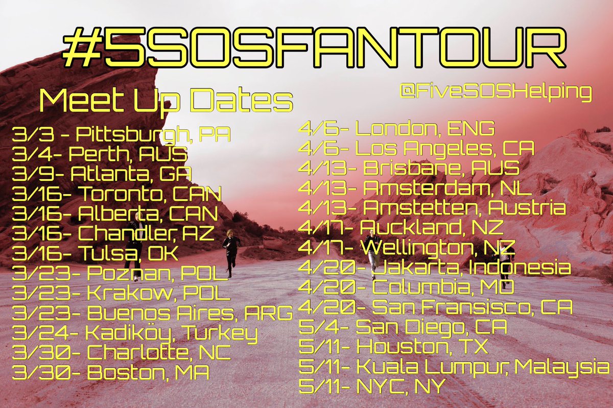 FiveSOSHelping's tweet photo. The #5SOSFanTour is coming to a city near you!
See your city? Want to join the meetup? DM us for information! **Verification will be required
Don’t see your city? Get 5 friends together and we’ll see what we can do! **No new dates will be accepted after March 1st https://t.co/uTWXLfksAc
