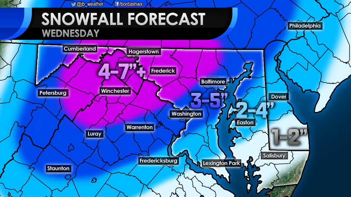jb_weather's tweet photo. A moderate to significant winter storm looks likely to impact the Mid-Atlantic tomorrow. Snow begins by day break leading to widespread closings and travel difficulties. You can see my final forecast and read my latest thoughts here: https://t.co/JSVjd3EN8Z https://t.co/4uSGjdSvKw