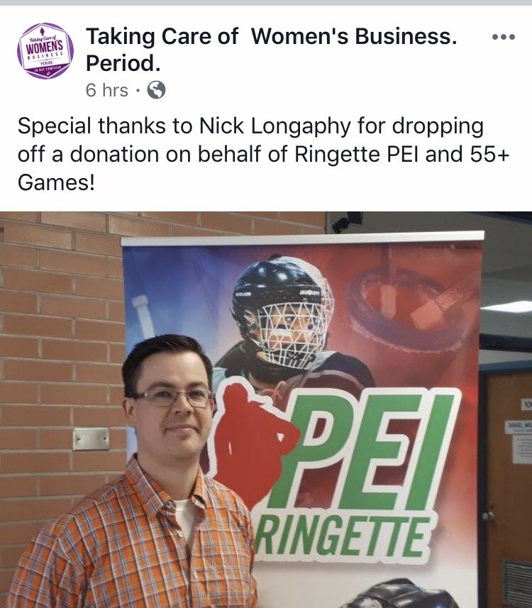 Thank you <a href="/RingettePEI/">Ringette PEI</a> and 55+ Games #PEI for your <a href="/28DayCampaign/">TakingCareofBusiness</a> donation!!  #giftofdignity for PEI adolescents and women. <a href="/CBCPEI/">CBC P.E.I.</a>