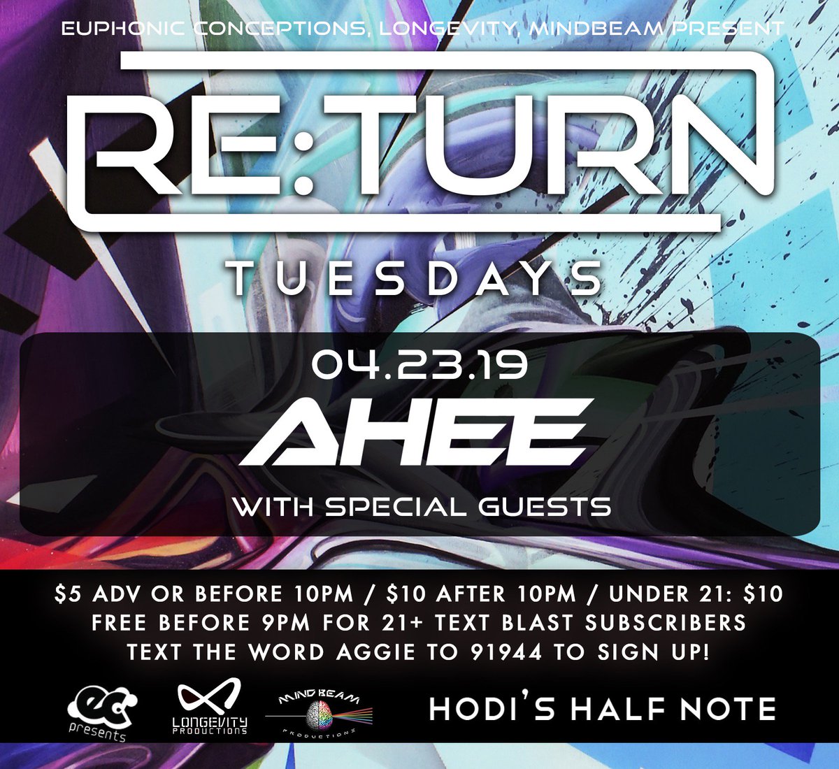 hodis's tweet image. JUST ANNOUNCED:
@ECpresents, #MindbeamProductions &amp;amp; #LongevityProductions Present #ReTurnTuesdays ft #Ahee with Special Guests at Hodi's Half Note on Tuesday, April 23rd.
Tickets on sale now: bit.ly/2GScwi0