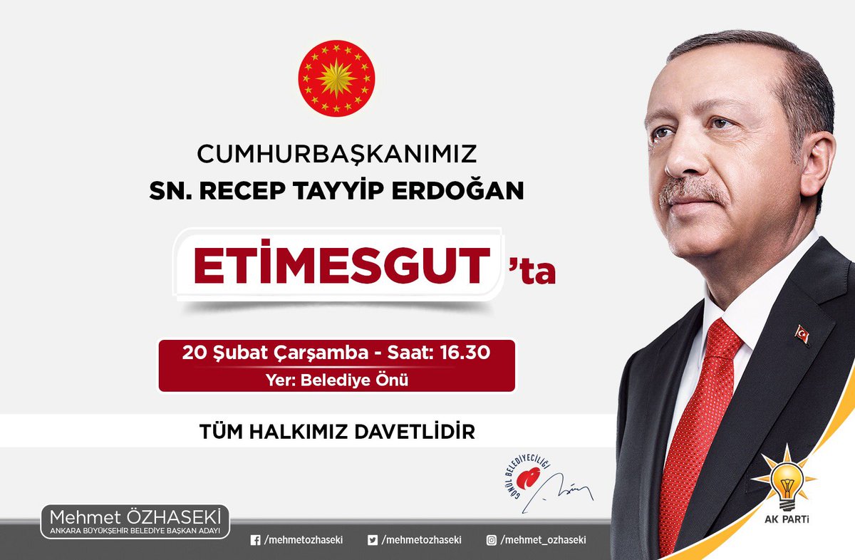 mehmetozhaseki's tweet photo. 📌 Cumhurbaşkanımız Sayın Recep Tayyip Erdoğan Bugün Etimesgut’ta

📆 20.02.2019 / Çarşamba
⏰ 16.30
📍Etimesgut Belediyesi Önü

Tüm halkımız davetlidir.

#BelediyeİşiGönülİşi https://t.co/Yx2rs5hKnv