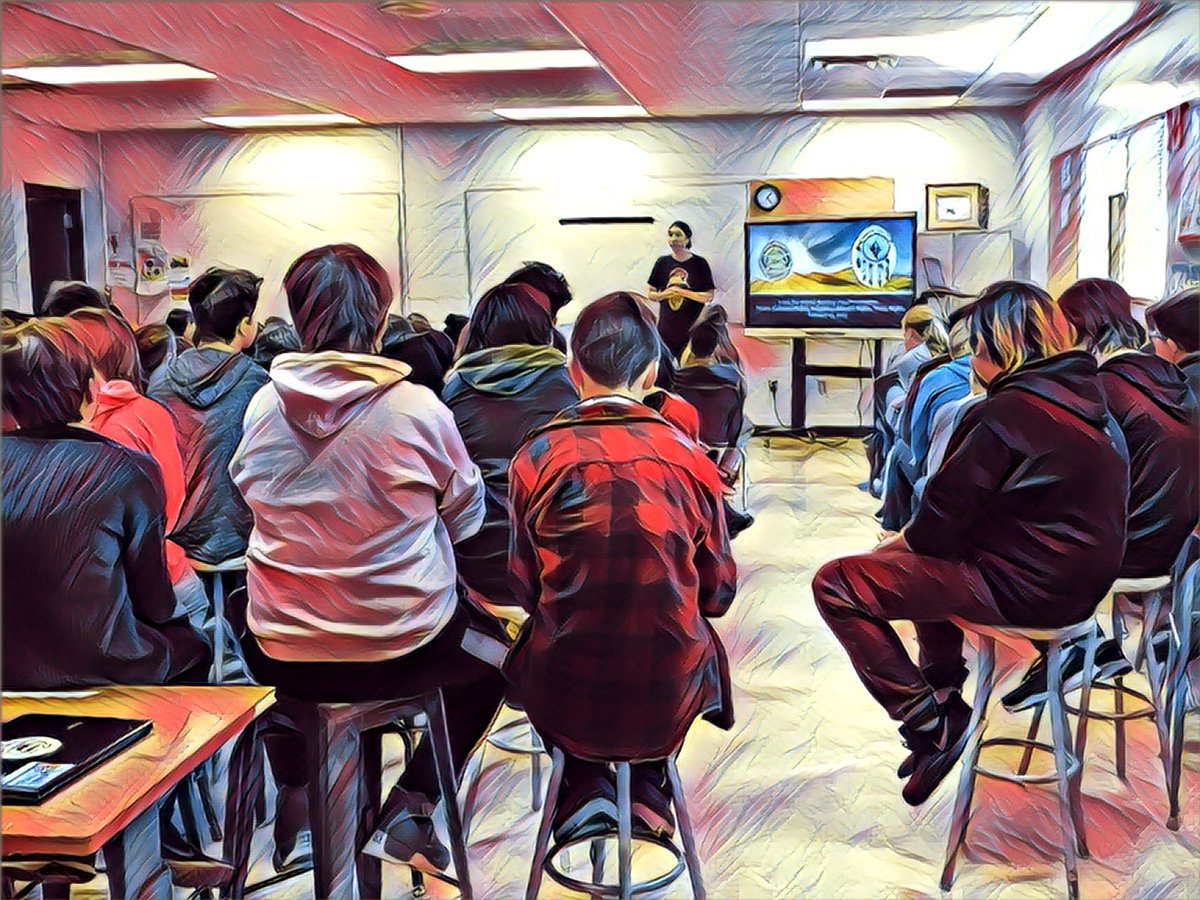 Thank you to <a href="/StevenCrowchild/">Steven Childcrow</a> from <a href="/Tsuutina_Ed/">Tsuut'ina Education</a> for coming and speaking to the <a href="/WeAreLouisCBE/">Louis Riel School</a>  gr 9s. Learned so much about Tsuut’ina language and culture. I was struck by the translation of “treaty” - Najuna atsila -hi - which translates as “making relatives”