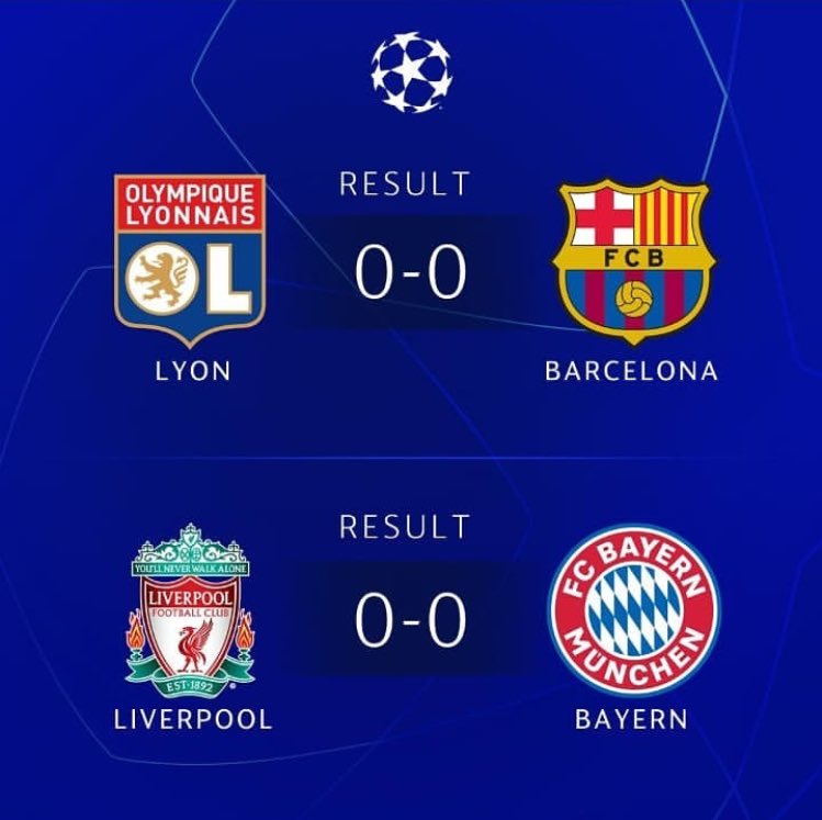 gaddafi_media1's tweet photo. UEFA CHAMPIONS LEAGUE RESULTS

@ol Lyon 0 - @fcbarcelona Barcelona 0

@liverpoolfc Liverpool 0 - @fcbayern Bayern Munich 0 

#Gaddafi_Media👨🏾‍💻 https://t.co/OGvDmwD0LM