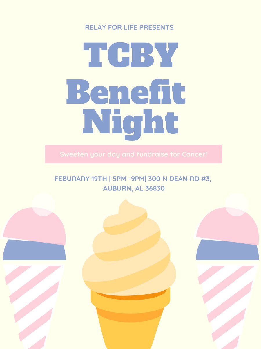 Come out and get some sweet treats to support relay at TCBY tonight from 5-9pm!
