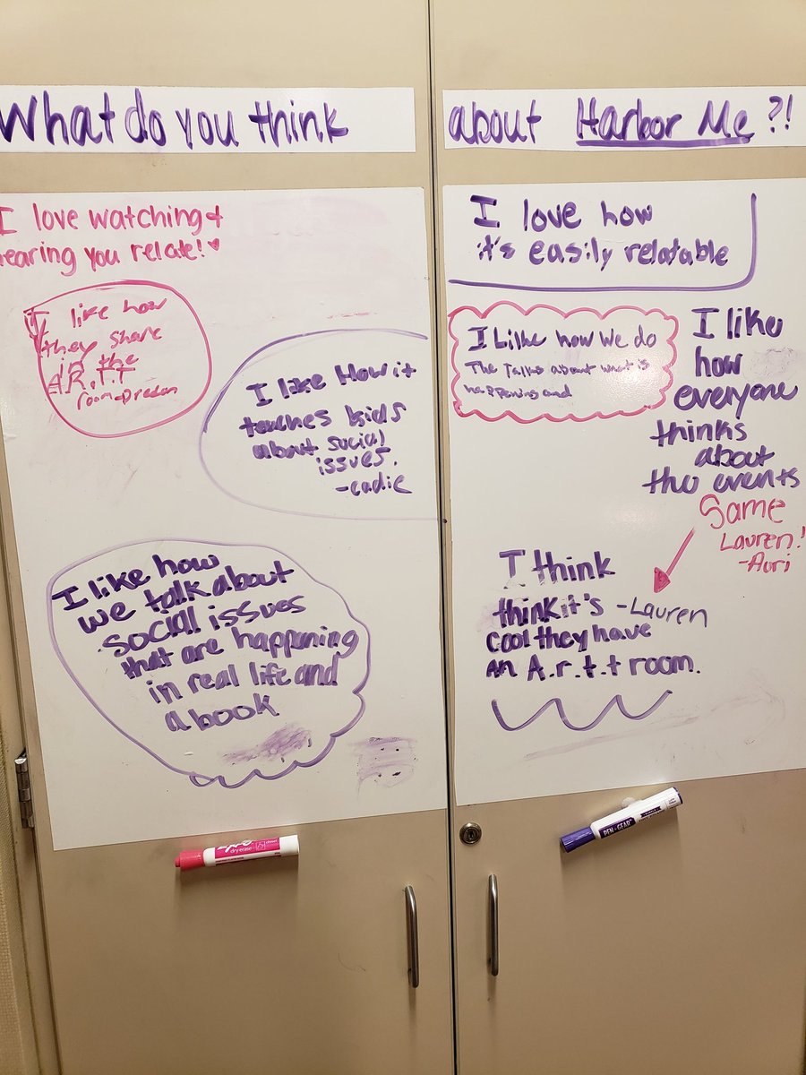 MissKane5th's tweet photo. I love seeing my students engaged in present day social issues. Since social issues are our reading/writing theme 3rd quarter, I am thankful for the @JackieWoodson Harbor Me book. As you can tell, my Ss love it & it makes for great community circle discussions. #ImpactfulBooks https://t.co/Tfcs86wKP2