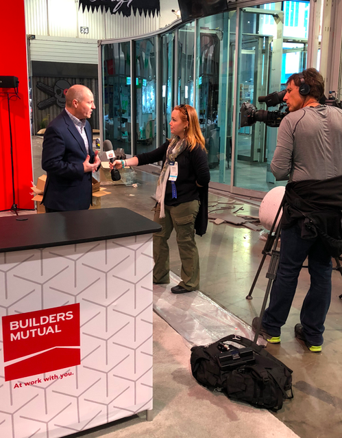 CleanAgencyInc's tweet photo. Our client @BuildersMutual is taking on the @IntlBldrsShow as the Official Safety Sponsor. We spotted our client being interviewed by @NAHBhome today – with a special cameo made by our booth design. #CleanPR #IBS2019 #Vegas https://t.co/YktXSutsot
