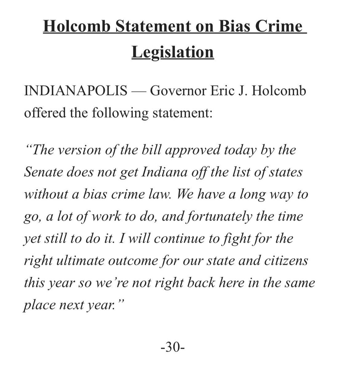 Emily_Ketterer's tweet photo. Statement just released from @GovHolcomb. “The version of the bill approved today by the Senate does not get Indiana off the list.” #TheStatehouseFile https://t.co/k8TeMB4r9j