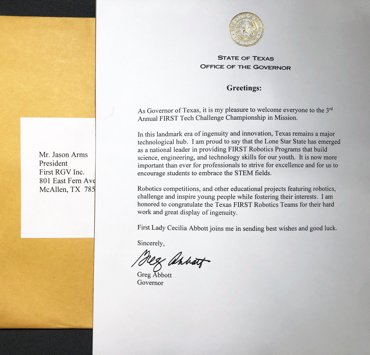 TxSTEMed's tweet photo. Texas Governor @Gregg_AbbottTX went his best wishes and kind regards for our #RGV FIRST Tech Challenge Championship that was held at #RoyalTechnologies in Mission, Feb 15-16, 2019.  Thank you Governor!  #WeAreFIRST #OMGrobots @FIRSTweets @FTCTeams https://t.co/NxXg4Ns6Ew