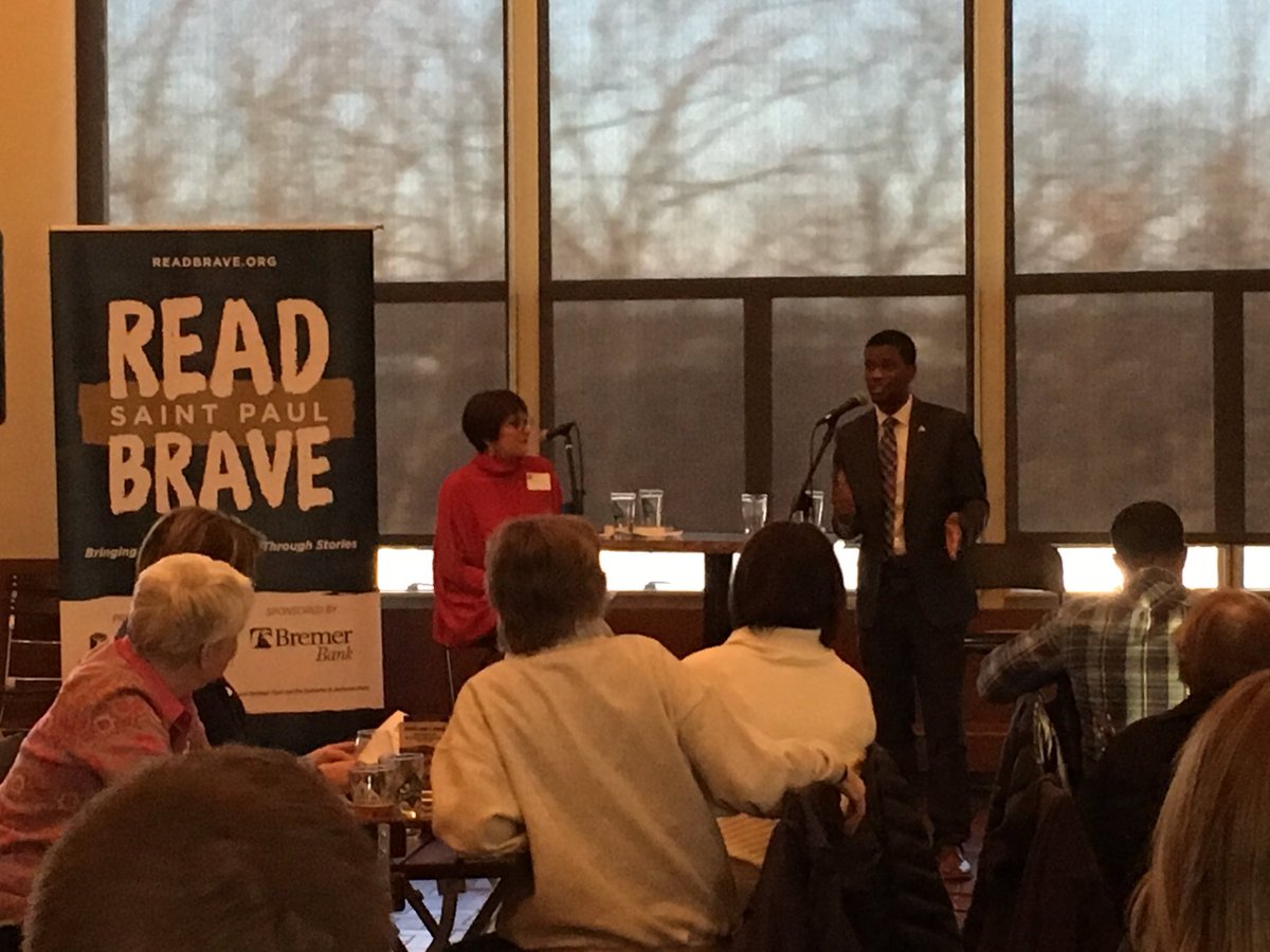 Faculty member @Meg_Medina in discussion with Mayor @melvincarter3 about her book Burn Baby Burn for the @stpaullibrary #readbrave initiative.