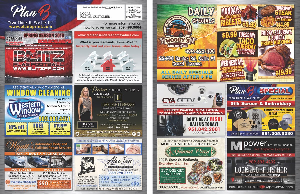 planBprint's tweet photo. Redlands EDDM mailers went out last week and there are some awesome deals to take advantage of! Take a look and support your local businesses! #redlands #eddm #advertising #supportsmallbusiness #planbprint #planbadvertising https://t.co/lmvAGivDfi