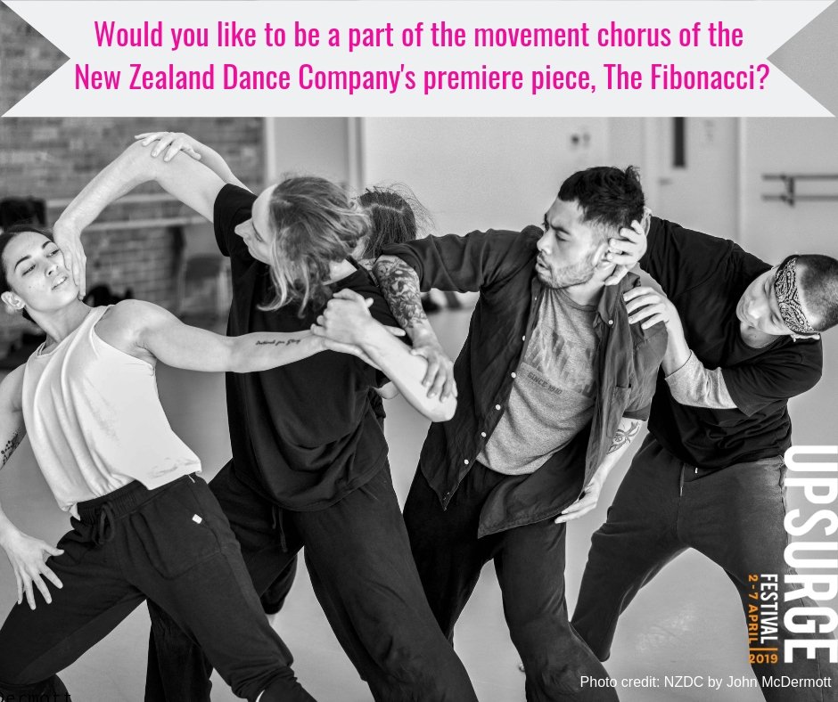 We are looking for volunteers with some basic movement experience to form a movement chorus in the brand new piece by the NZDC. Minimum age is 14 years. For more info and to request an application form, email Jo applicationsnzdc@upsurgefestival.co.nz 
Applications close 28th Feb.