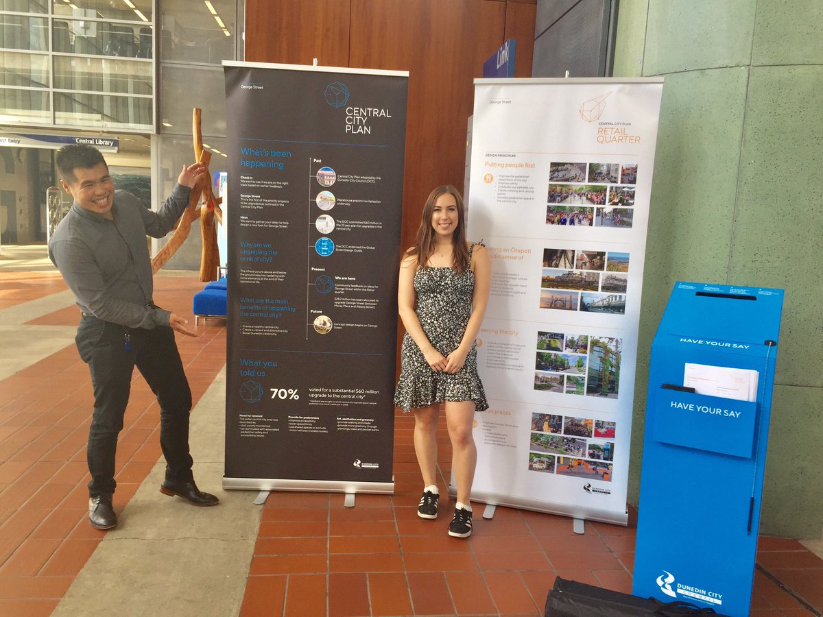 GeographyOtago's tweet photo. #MPlan student, Alice, has been working with DCC over summer. Here she is with her colleague seeking opinions in The Link. How do you want George St to look in the future? Share your ideas here or at other letter box stations. #GeorgeStDunedin #CreativeDunedin #DunedinCentralCity https://t.co/xGBLrfCH2g