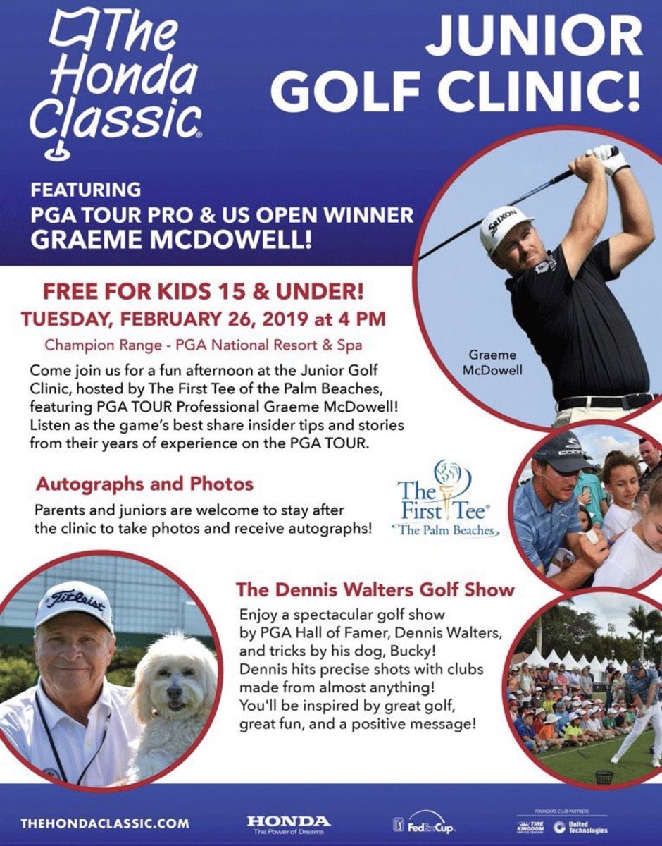 Graeme_McDowell's tweet image. Looking forward to helping @TheHondaClassic and @TheFirstTee of West Palm with this kids clinic next week. Come see us. @PGATOUR