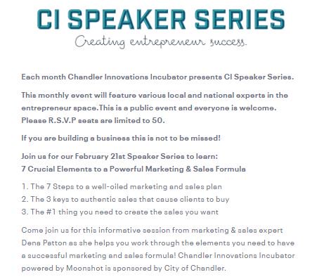 ChandlerEconDev's tweet image. As #PHXEastValley Entrepreneur week is underway; we wanted to share a few other free #entrepreneur events happening in #ChandlerAZ!

@GrowChandler is hosting a monthly CI Speaker Series this Thursday (2/21) focused on sales &amp;amp; marketing.

Details &amp;amp; RSVP 👉cispeakerseries.eventbrite.com