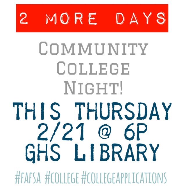 Don't forget our Community College Night is in 2 days! Hope to see ya there!
#Classof2019 #CommunityCollege #FAFSA #SNRSZN