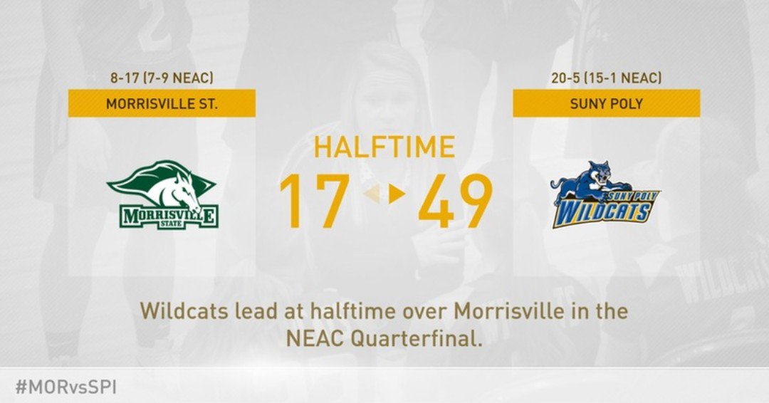 PolyWildcats's tweet photo. #NEACwbb Quarterfinal Update🏀🚨
HALFTIME
@MSCMustangs  - 1️⃣7️⃣
#PolyWB - 4️⃣9️⃣
#MORvsSPI #d3hoops https://t.co/q6ClsWosUr