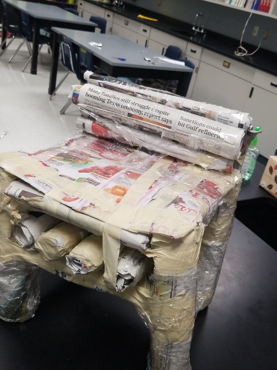 KuruvillaMs's tweet photo. Headline from @HoustonChron  on the chair they made out of newspaper "Many families still struggle despite booming Texas economy" 🤔middle schoolers are hilarious! @ODMS_ESLdept https://t.co/TrMXlkkGNT