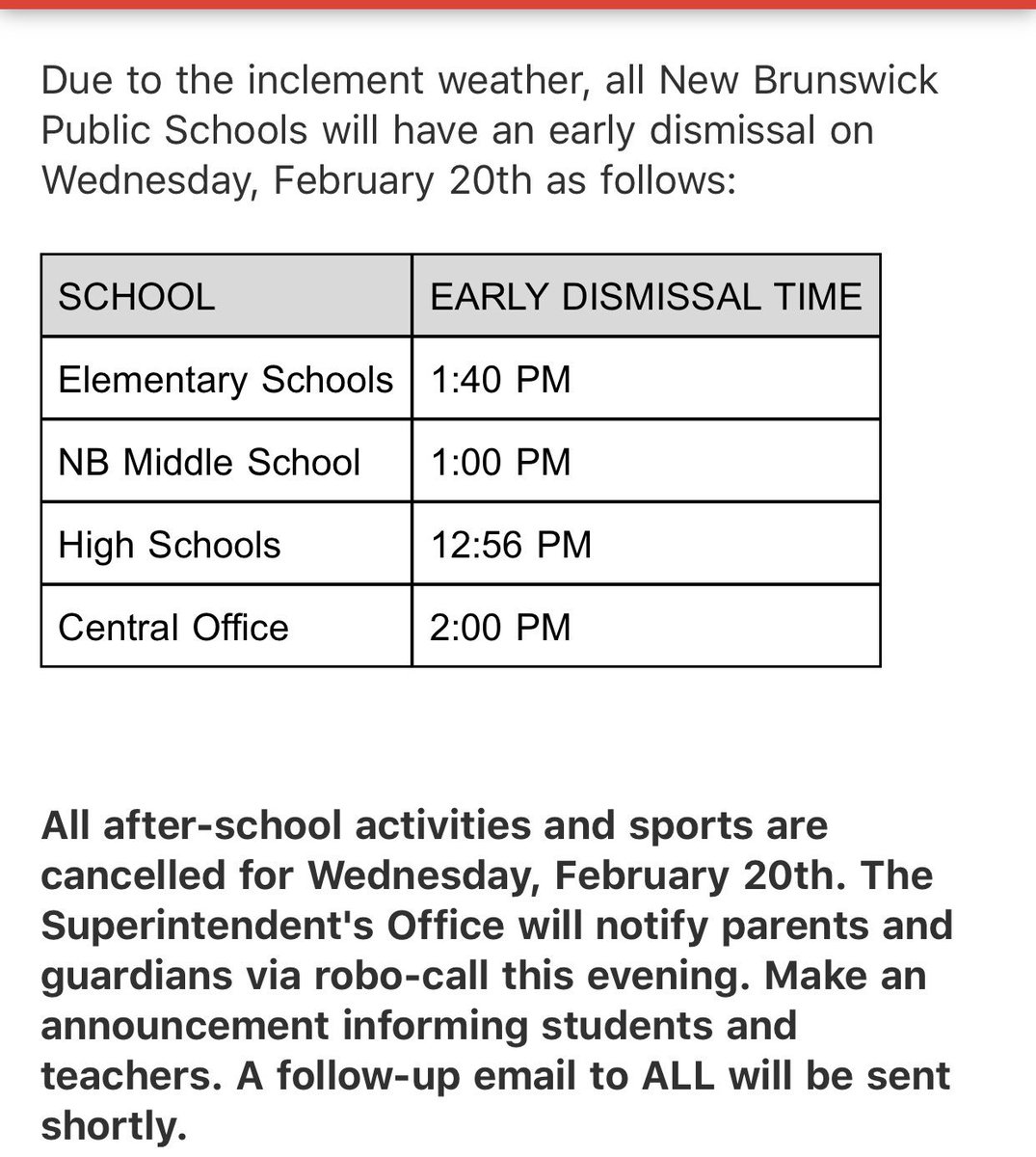 PaulRobesonNBPS's tweet image. All #NBPS will have an early dismissal on Wednesday, February 20. #PRCSArts dismiss at 1:40 P.M. Parents and staff will be notified by a District Wide call.
