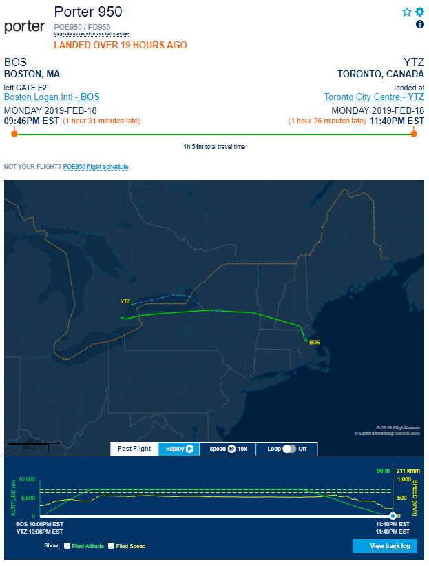DivertedtoYHM's tweet image. Last night's (2019-02-18) @PorterAirlines Flight 950 from Boston Logan / Scheduled Arrival at YTZ at 10:19pm, departed 1 h 30 min late and #DivertedtoYHM, arriving at 11:40pm #PorterFail #FlyPorter flightaware.com/live/flight/PO… (20th Diversion of 2019)