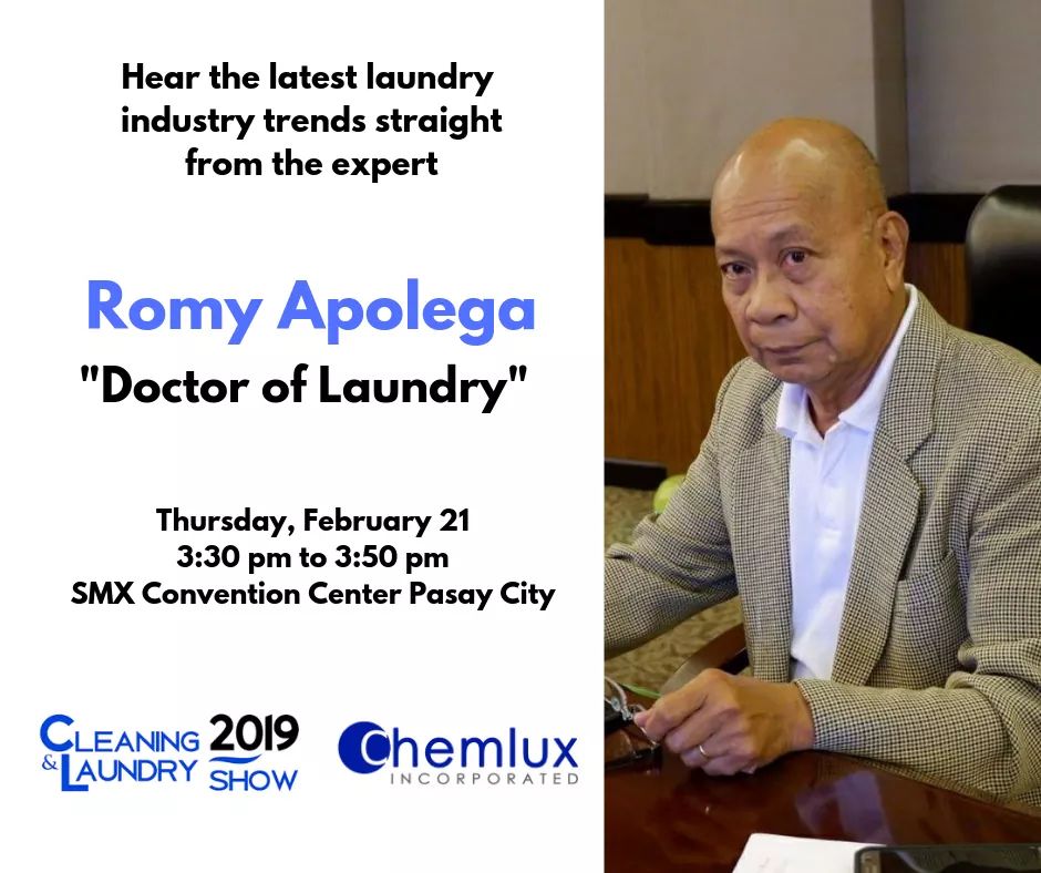 ILENE28's tweet photo. Over the last 45 years in the industry, Romy Apolega has seen many businesses fail and succeed. What will drive profitability in the laundry business of tomorrow? Catch the Doctor of Laundry tomorrow as he speak about the latest trends at the Cleaning &amp; Laundry Show Philippines. https://t.co/SudmGxlvpQ
