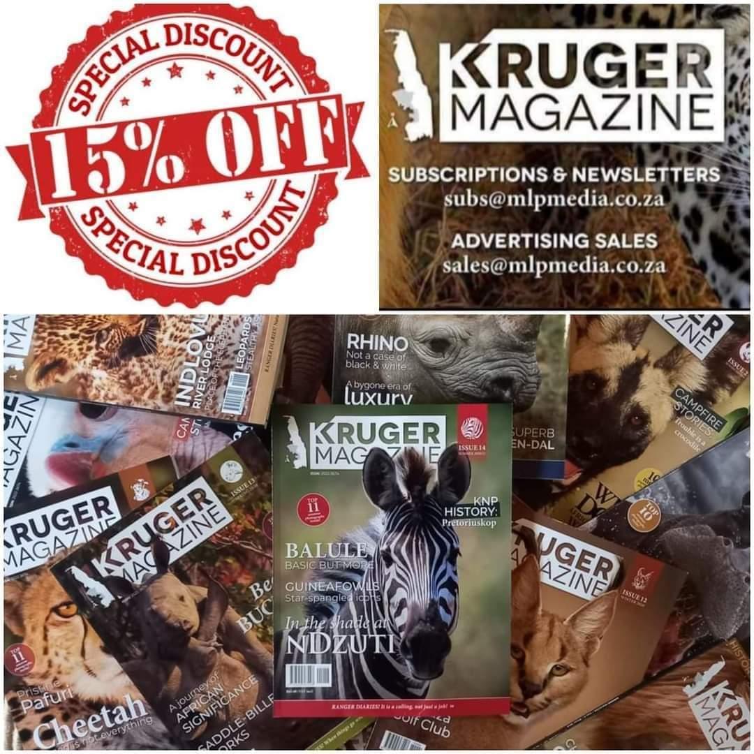MagazineKruger's tweet photo. Subscribe to to the KRUGER MAGAZINE printed copy and receive 15% discount from the cover price.
Email subs@mlpmedia.co.za 
#magazine #krugermagazine #safari #wildlife #tourism https://t.co/NwLSFvm3i2