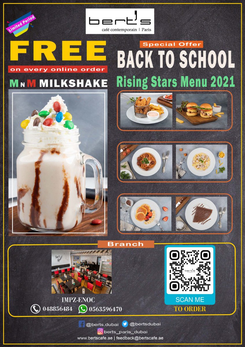 Celebrate Back to School at Bert’s Cafe with a delicious *M&amp;M shake *for FREE on every order of Kids Menu 2021
PRODUCTION CITY :
order.chatfood.io/berts-cafe/del…
GREENS :
order.chatfood.io/berts-cafe/del…
#UAE #BackToSchool #foodblogger #Dubai #kids #TheView #restaurant #cafe