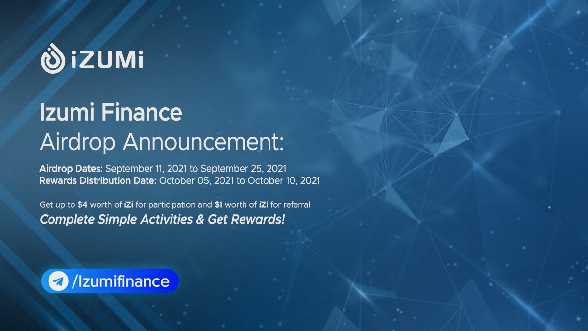 🪂 #Izumi Finance's #Airdrop Campaign is LIVE now🪂

💰Reward Pool: 400,000 iZi tokens.

1️⃣Do 5 tasks
2️⃣Get $4 worth of $iZi tokens
3️⃣Refer more to earn more

🚀Airdrop Link: t.me/IzumiFinanceAi…
🗒Rules: reddit.com/r/izumiFinance…

Good Luck guys!