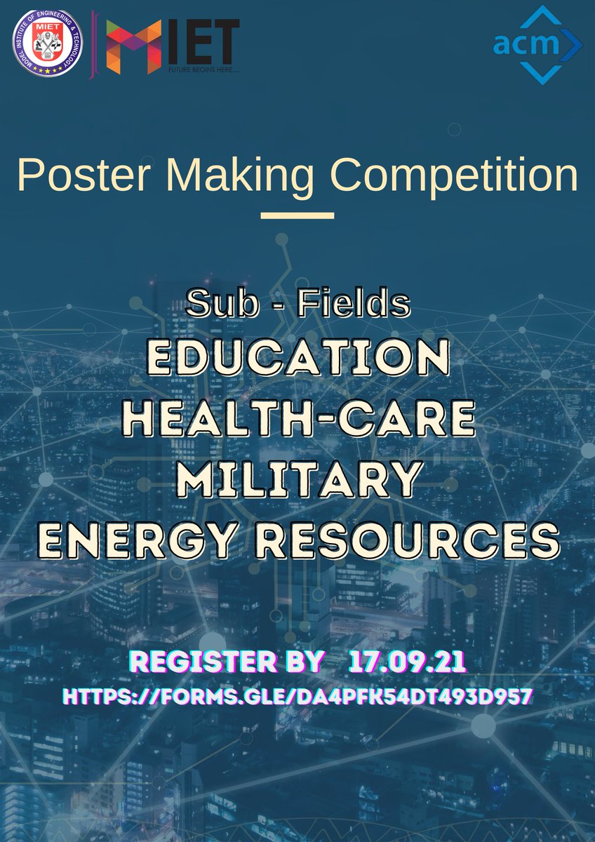 miet_acm's tweet image. MIET ACM Student Chapter is organizing a poster making competition. Train your brain and start thinking some innovative ideas to win the prizes. Topics are mentioned below. Start registering yourself with the provided link.
forms.gle/DA4PfK54dt493d…