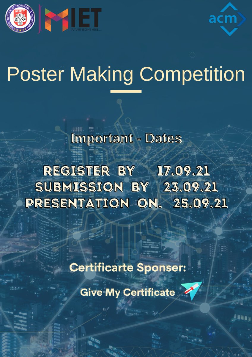 miet_acm's tweet image. MIET ACM Student Chapter is organizing a poster making competition. Train your brain and start thinking some innovative ideas to win the prizes. Topics are mentioned below. Start registering yourself with the provided link.
forms.gle/DA4PfK54dt493d…